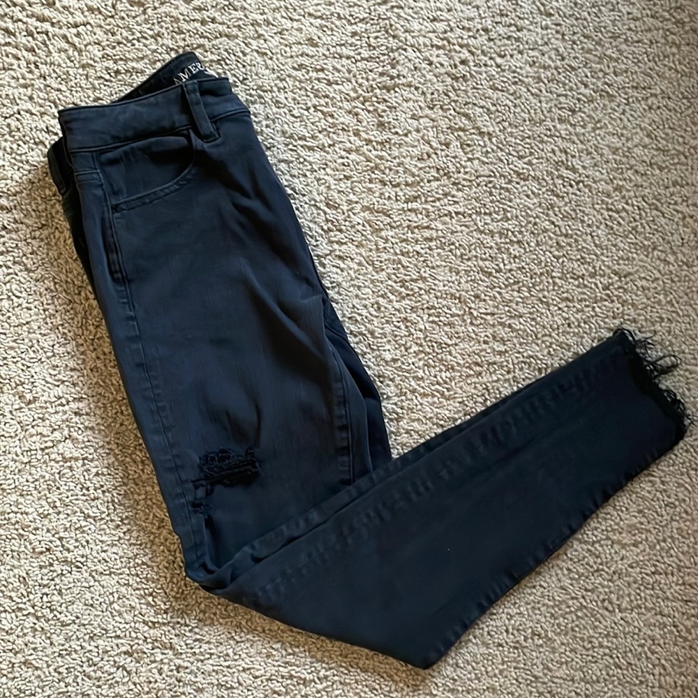 AE Black Raw Hem Super Stretch Skinny Distressed Jean